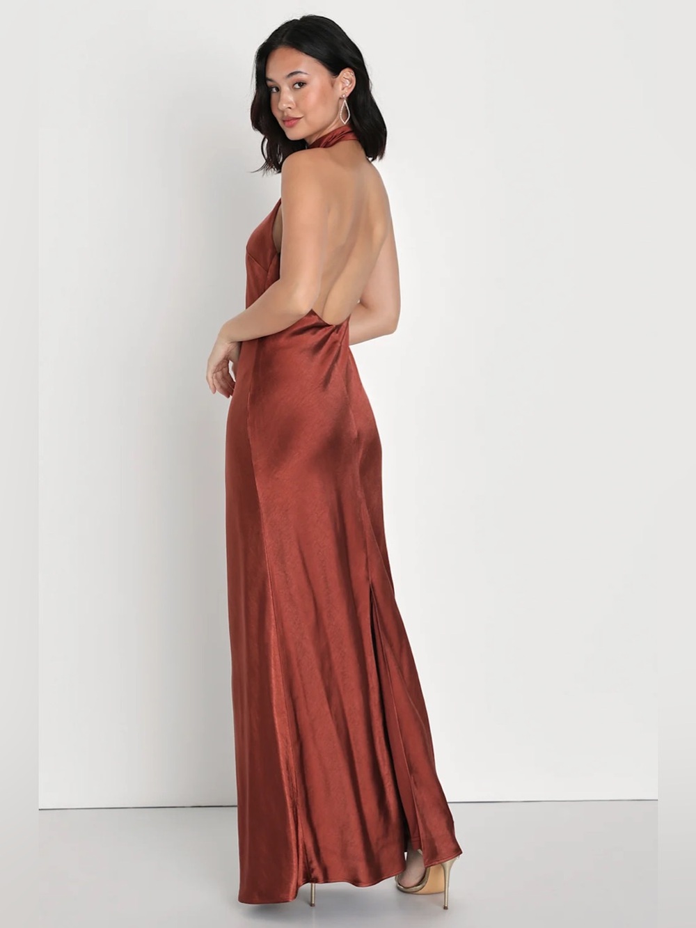 Lulus Love in Your Life Rust Brown Satin Halter Maxi Dress Open Back Gown S NWT - Picture 4 of 9